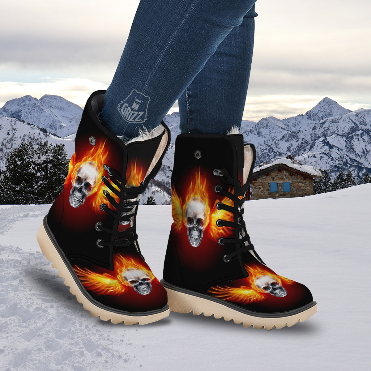 Fire Wings With Flaming Skull Print Snow Boots-grizzshop