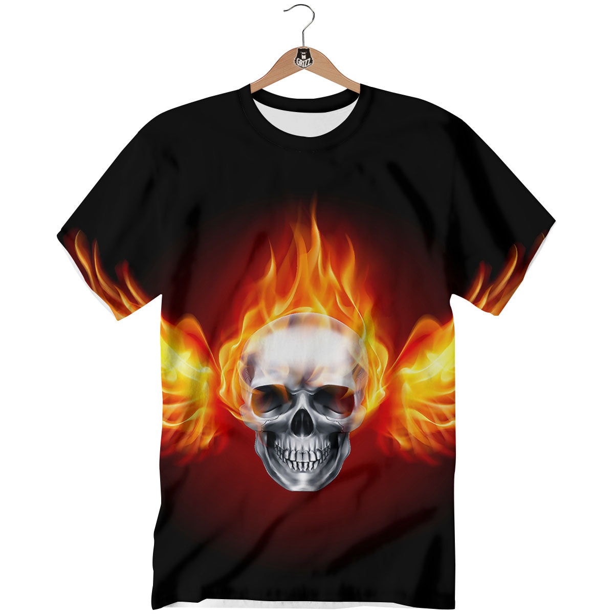 Fire Wings With Flaming Skull Print T-Shirt-grizzshop