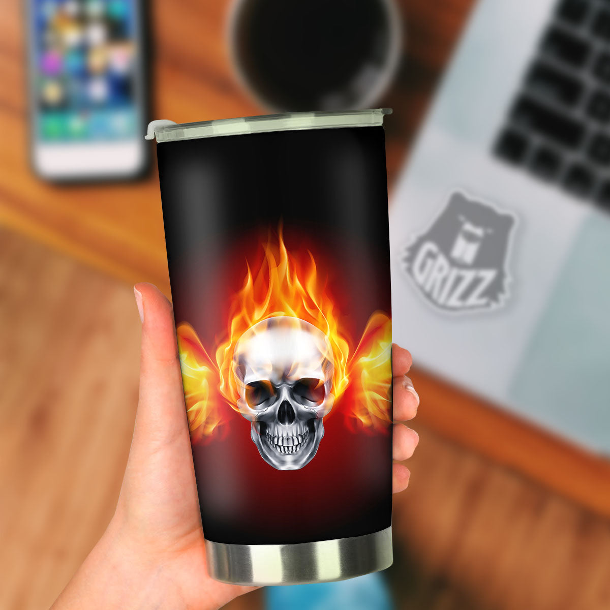 Fire Wings With Flaming Skull Print Tumbler-grizzshop