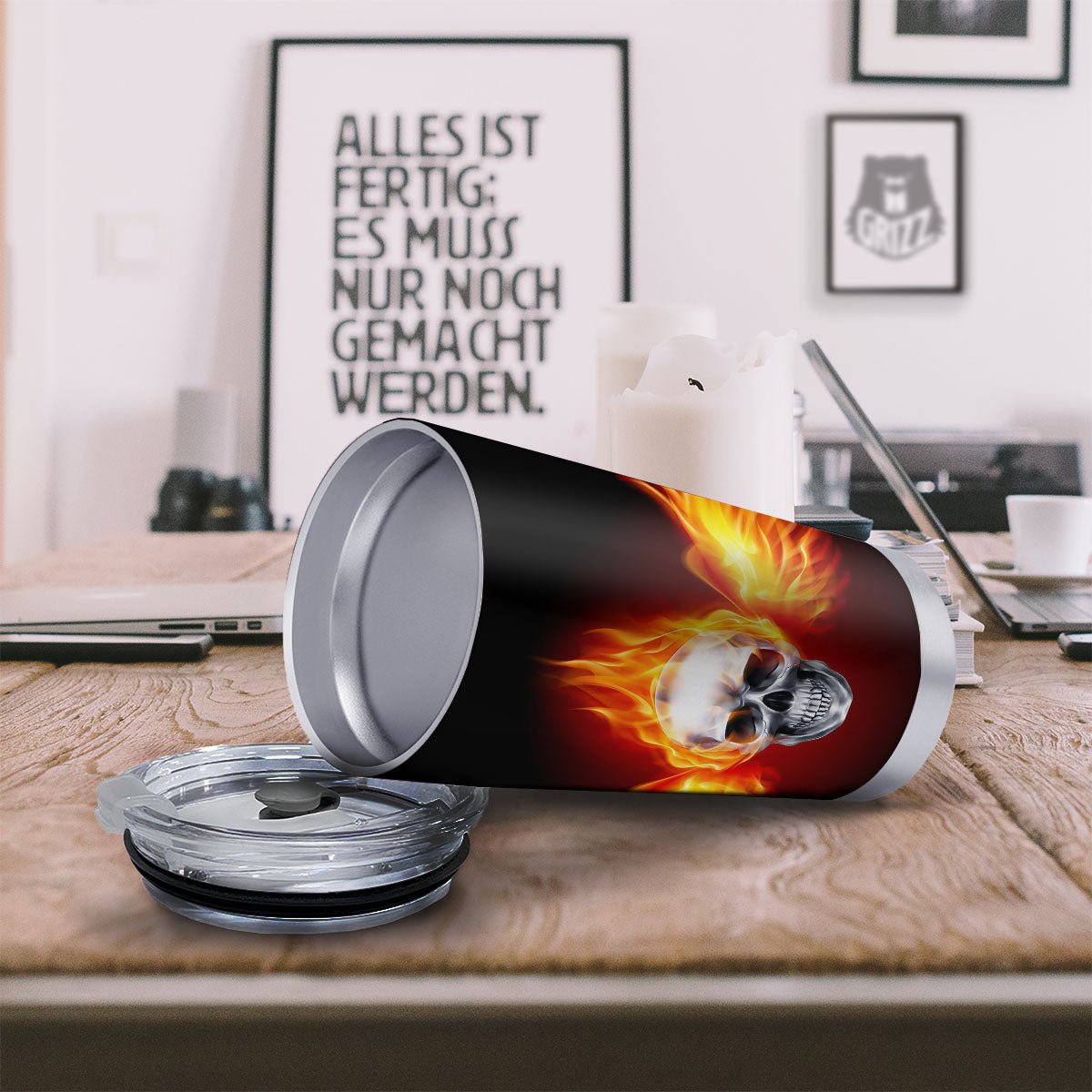 Fire Wings With Flaming Skull Print Tumbler-grizzshop