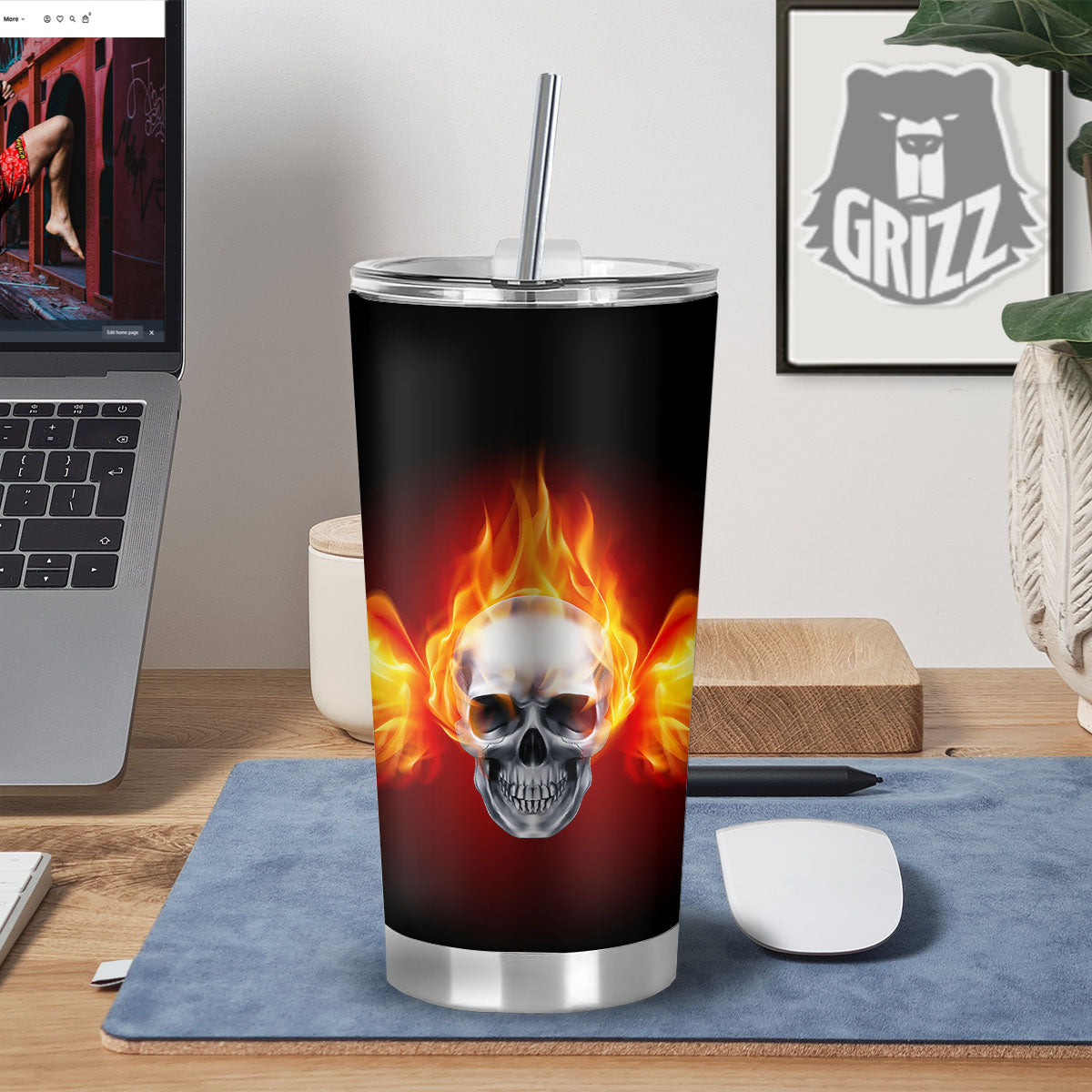 Fire Wings With Flaming Skull Print Tumbler-grizzshop