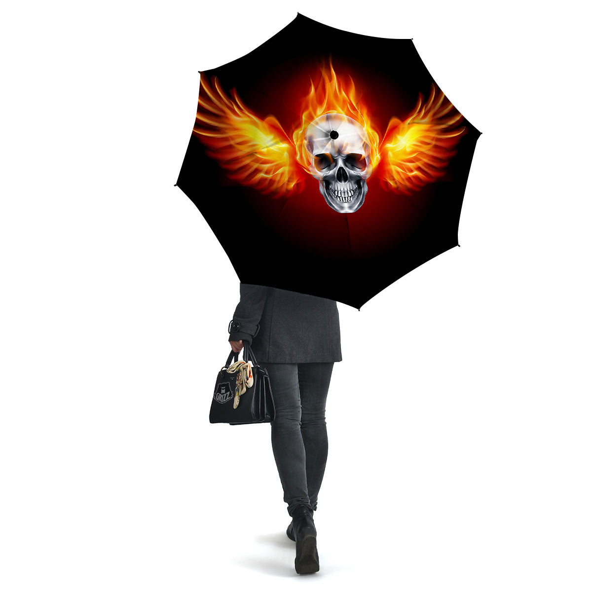 Fire Wings With Flaming Skull Print Umbrella-grizzshop