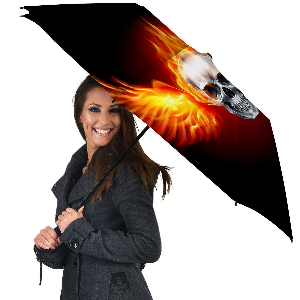 Fire Wings With Flaming Skull Print Umbrella-grizzshop