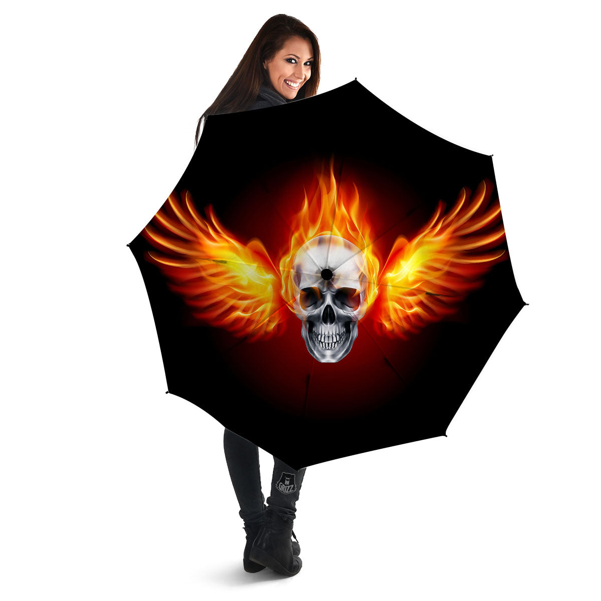 Fire Wings With Flaming Skull Print Umbrella-grizzshop
