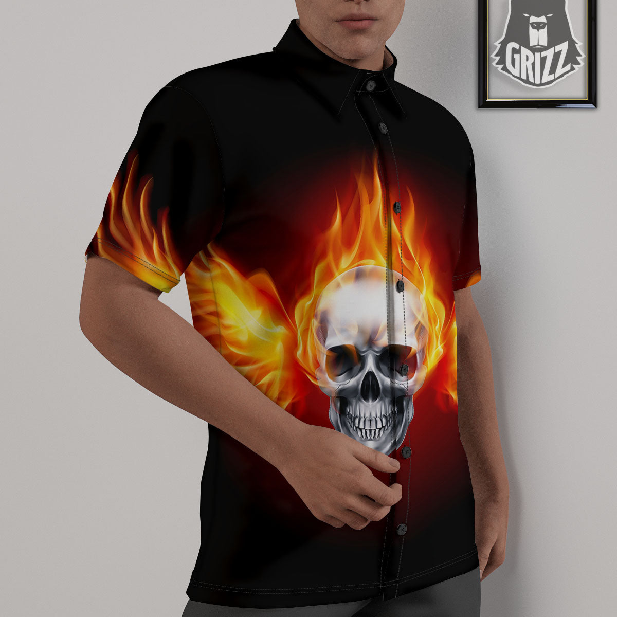 Fire Wings With Flaming Skull Print Untucked Shirts-grizzshop