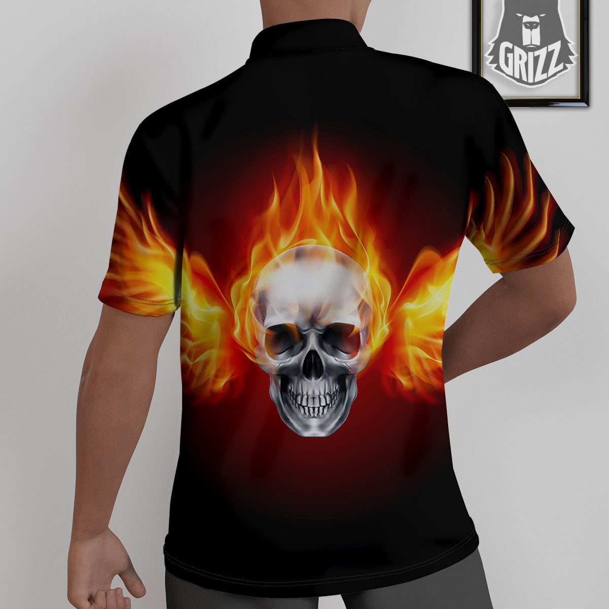 Fire Wings With Flaming Skull Print Untucked Shirts-grizzshop
