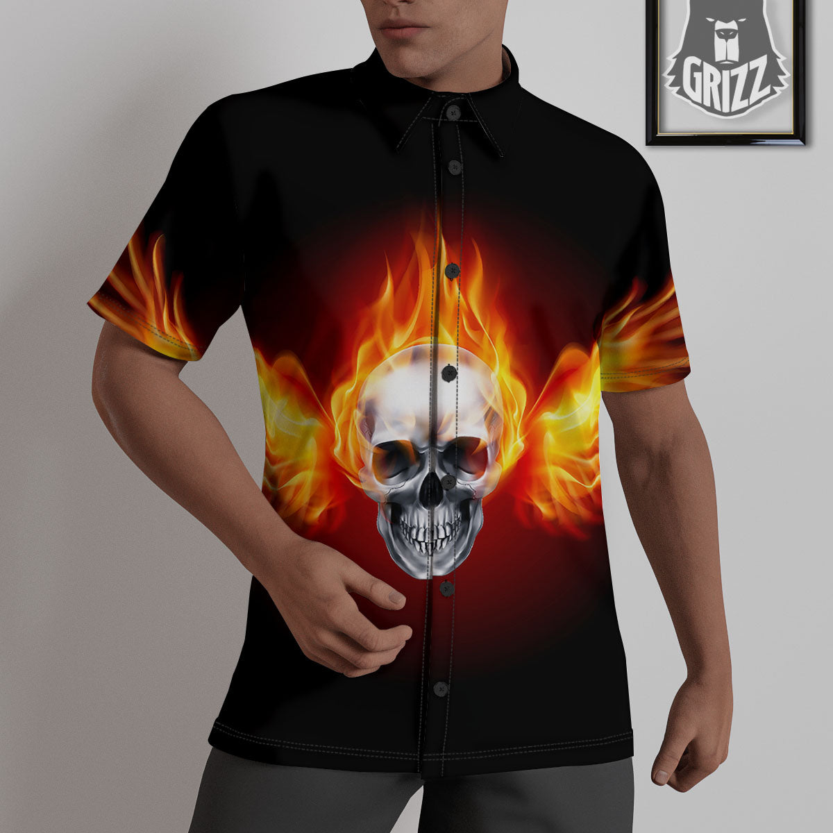 Fire Wings With Flaming Skull Print Untucked Shirts-grizzshop