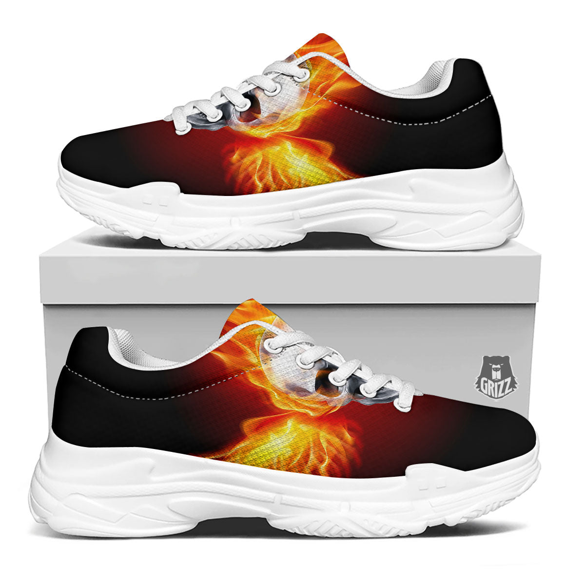 Fire Wings With Flaming Skull Print White Chunky Shoes-grizzshop