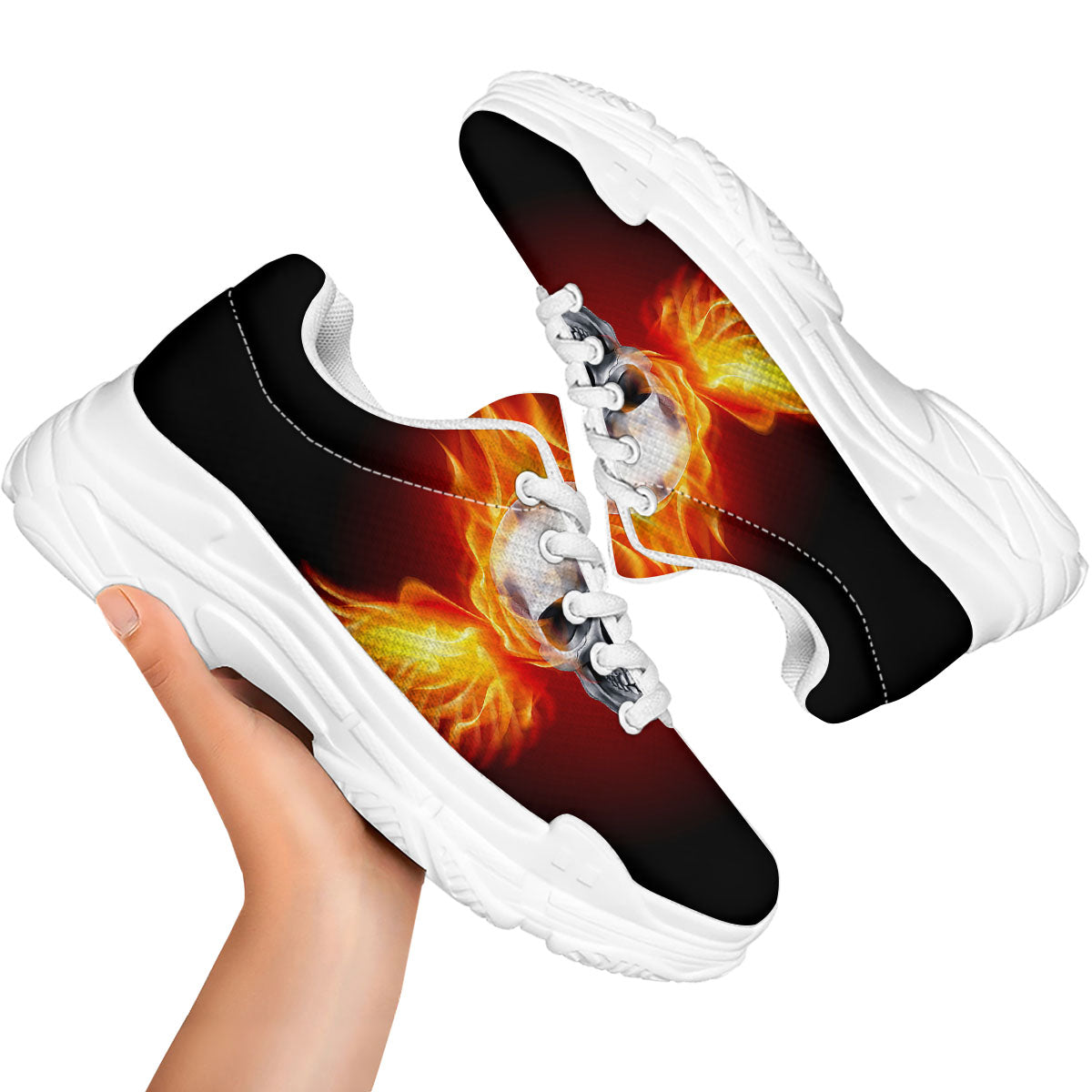 Fire Wings With Flaming Skull Print White Chunky Shoes-grizzshop