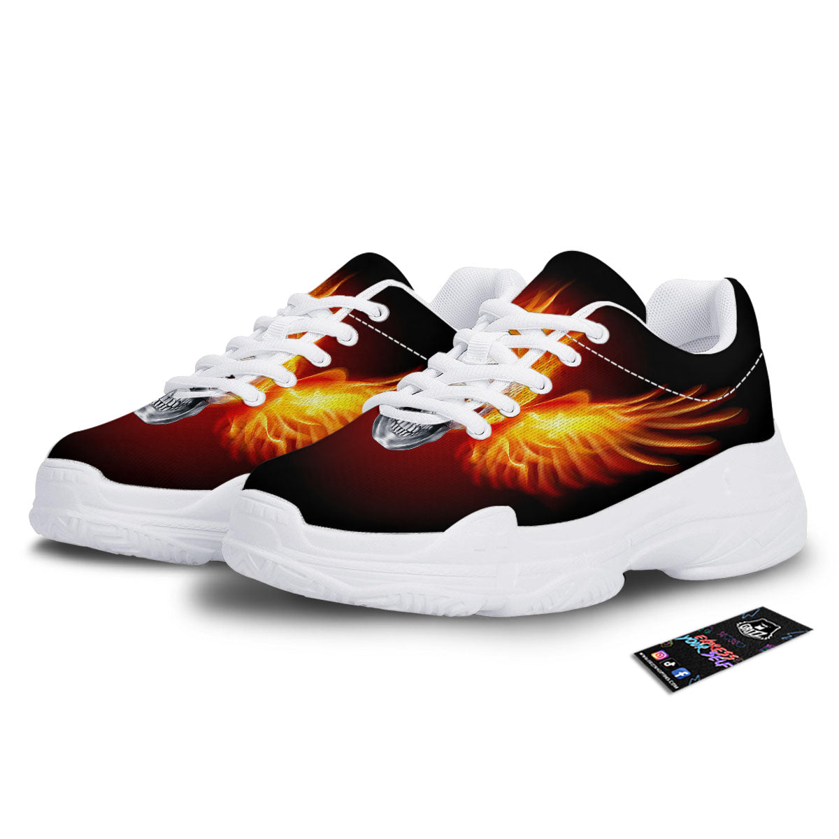 Fire Wings With Flaming Skull Print White Chunky Shoes-grizzshop