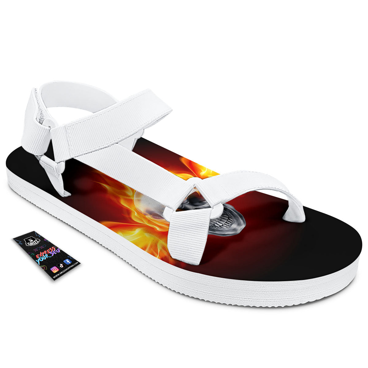 Fire Wings With Flaming Skull Print White Open Toe Sandals-grizzshop