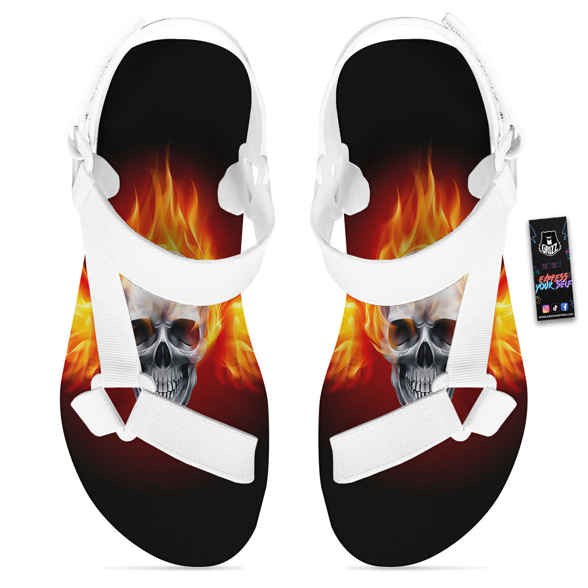 Fire Wings With Flaming Skull Print White Open Toe Sandals-grizzshop