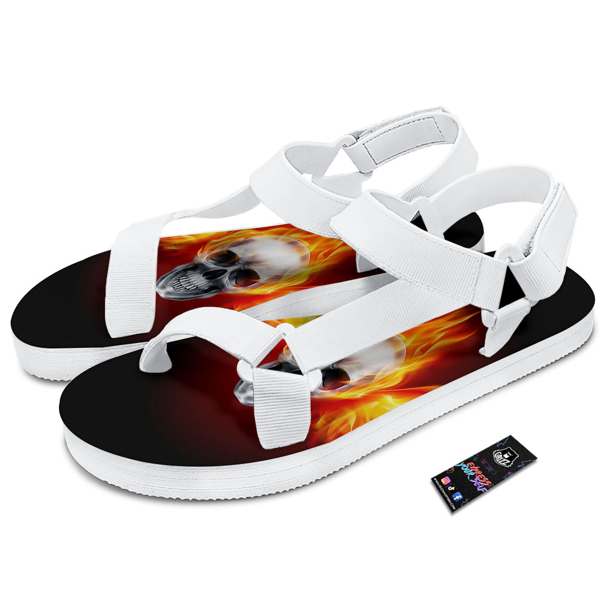 Fire Wings With Flaming Skull Print White Open Toe Sandals-grizzshop