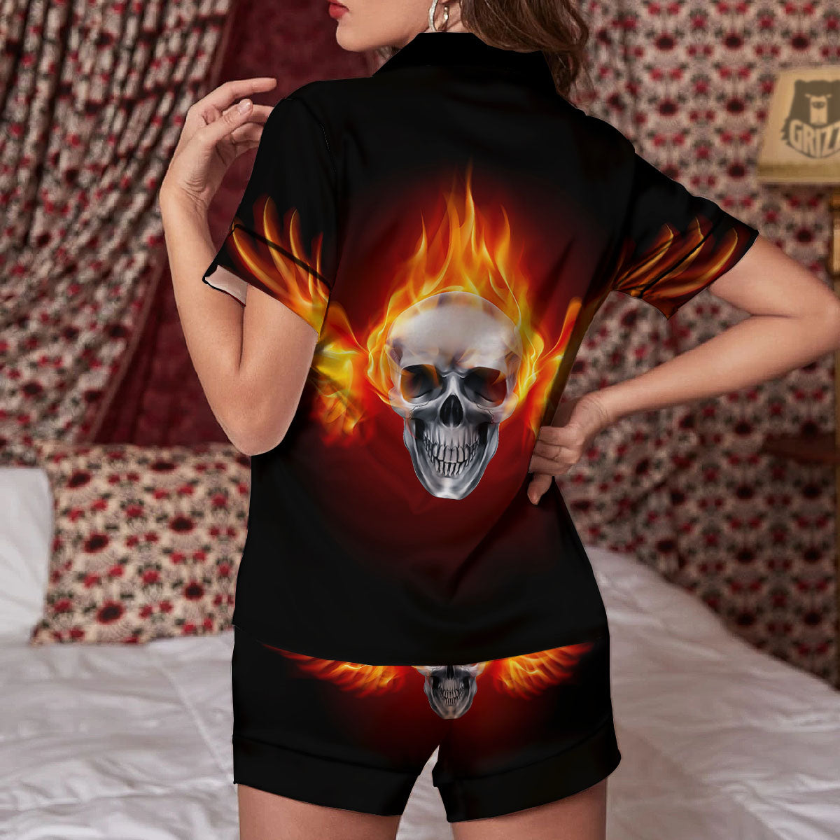Fire Wings With Flaming Skull Print Women Silk Pajamas-grizzshop