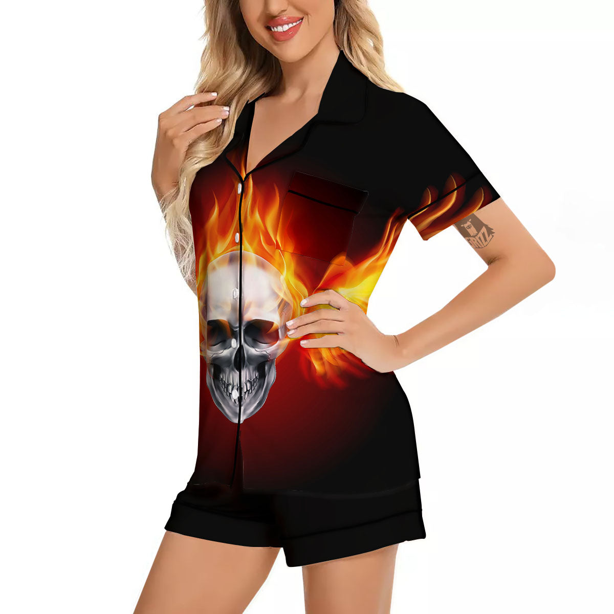 Fire Wings With Flaming Skull Print Women Silk Pajamas-grizzshop