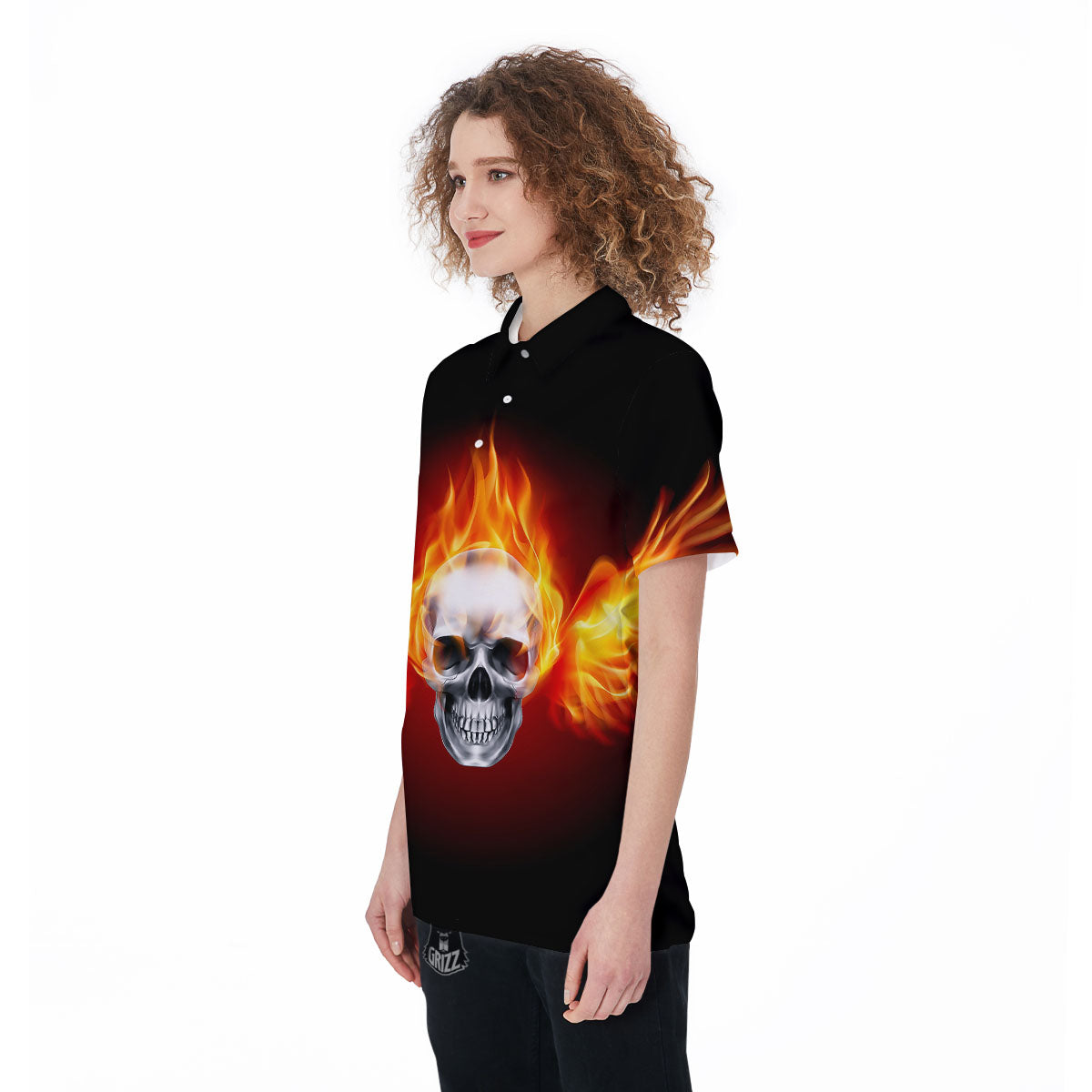 Fire Wings With Flaming Skull Print Women's Golf Shirts-grizzshop