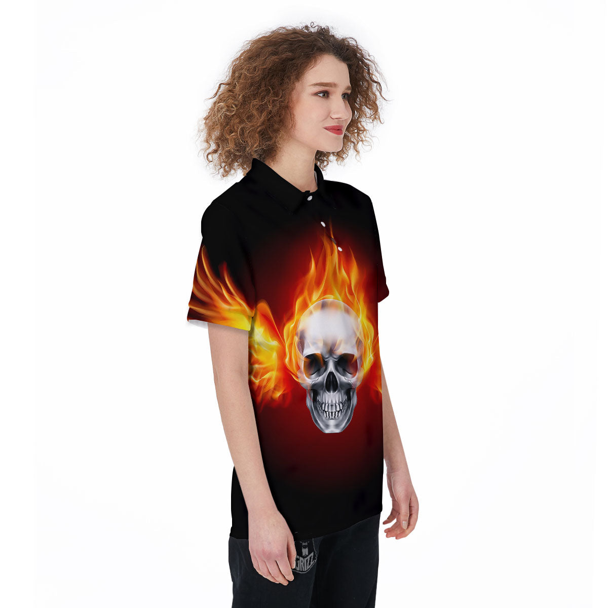 Fire Wings With Flaming Skull Print Women's Golf Shirts-grizzshop