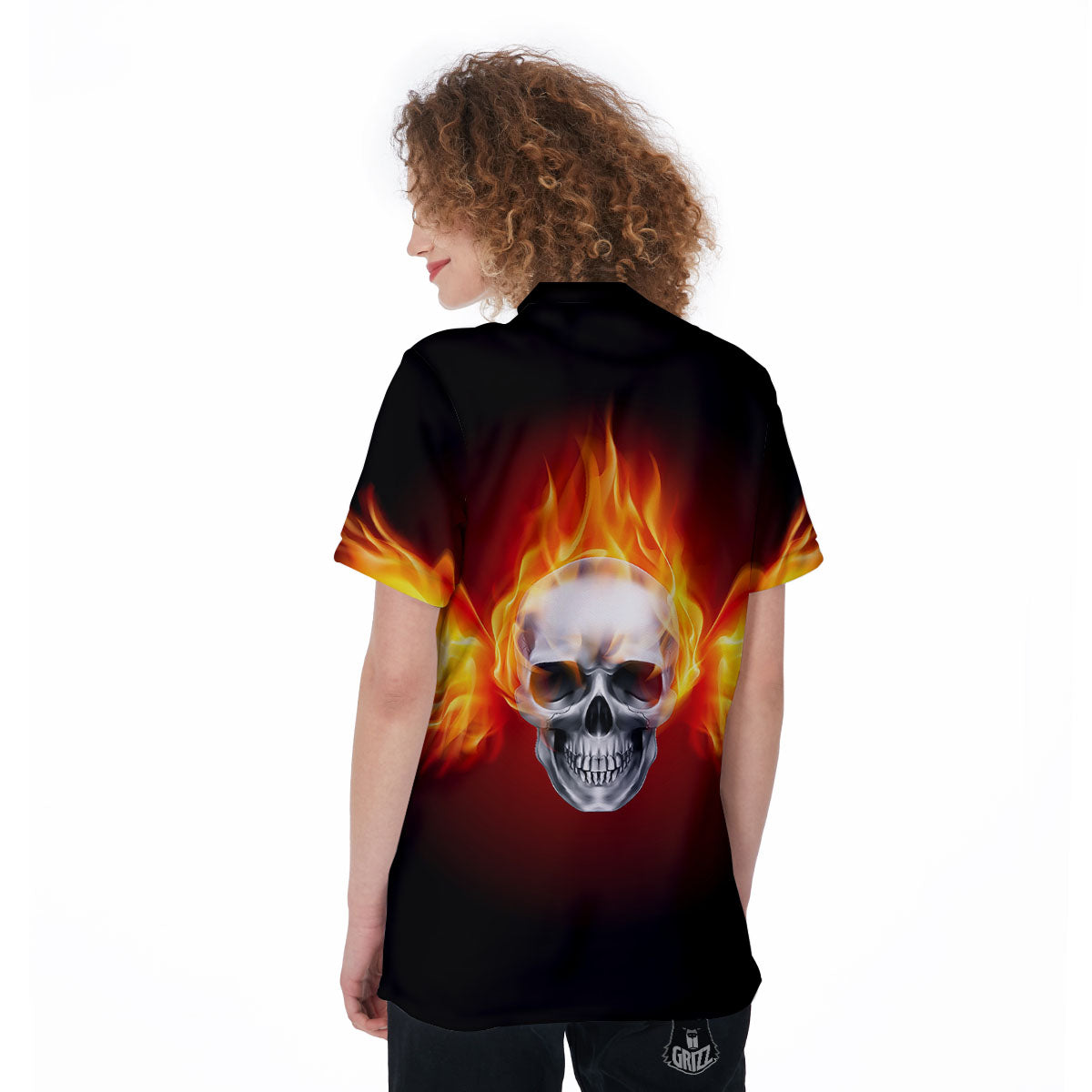 Fire Wings With Flaming Skull Print Women's Golf Shirts-grizzshop
