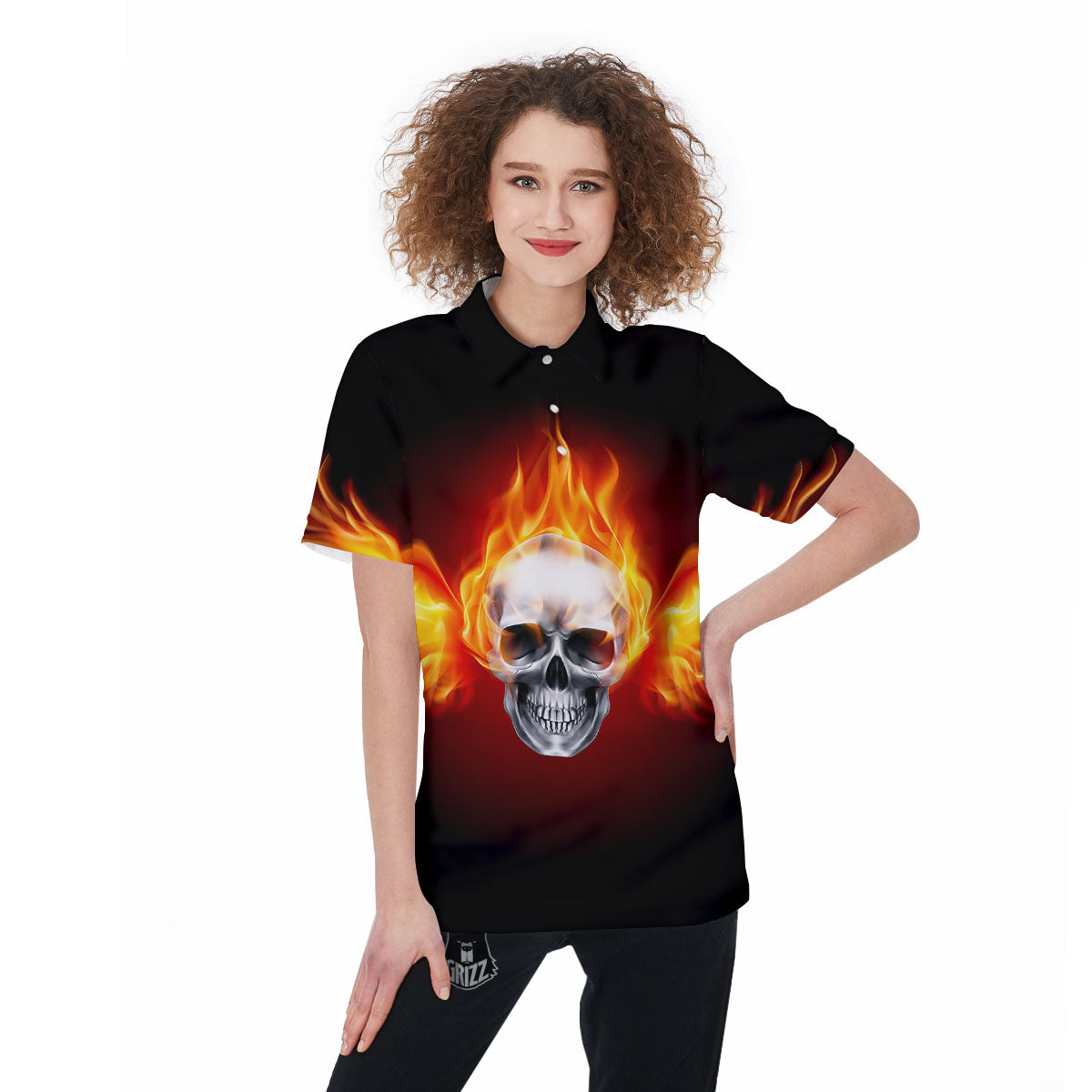 Fire Wings With Flaming Skull Print Women's Golf Shirts-grizzshop