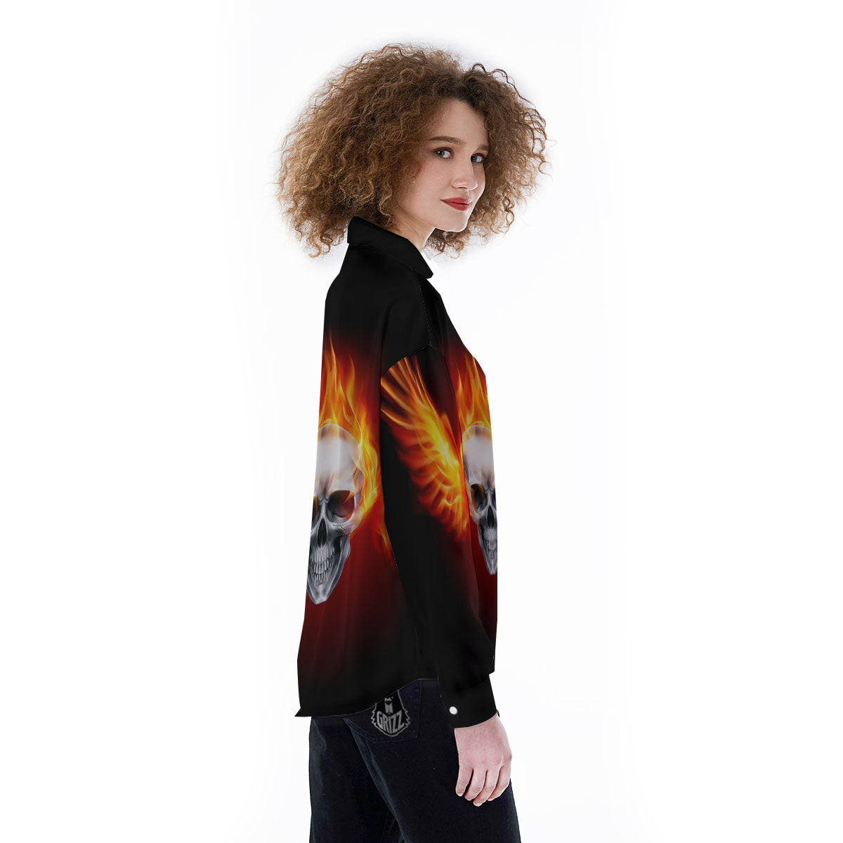 Fire Wings With Flaming Skull Print Women's Long Sleeve Shirts-grizzshop