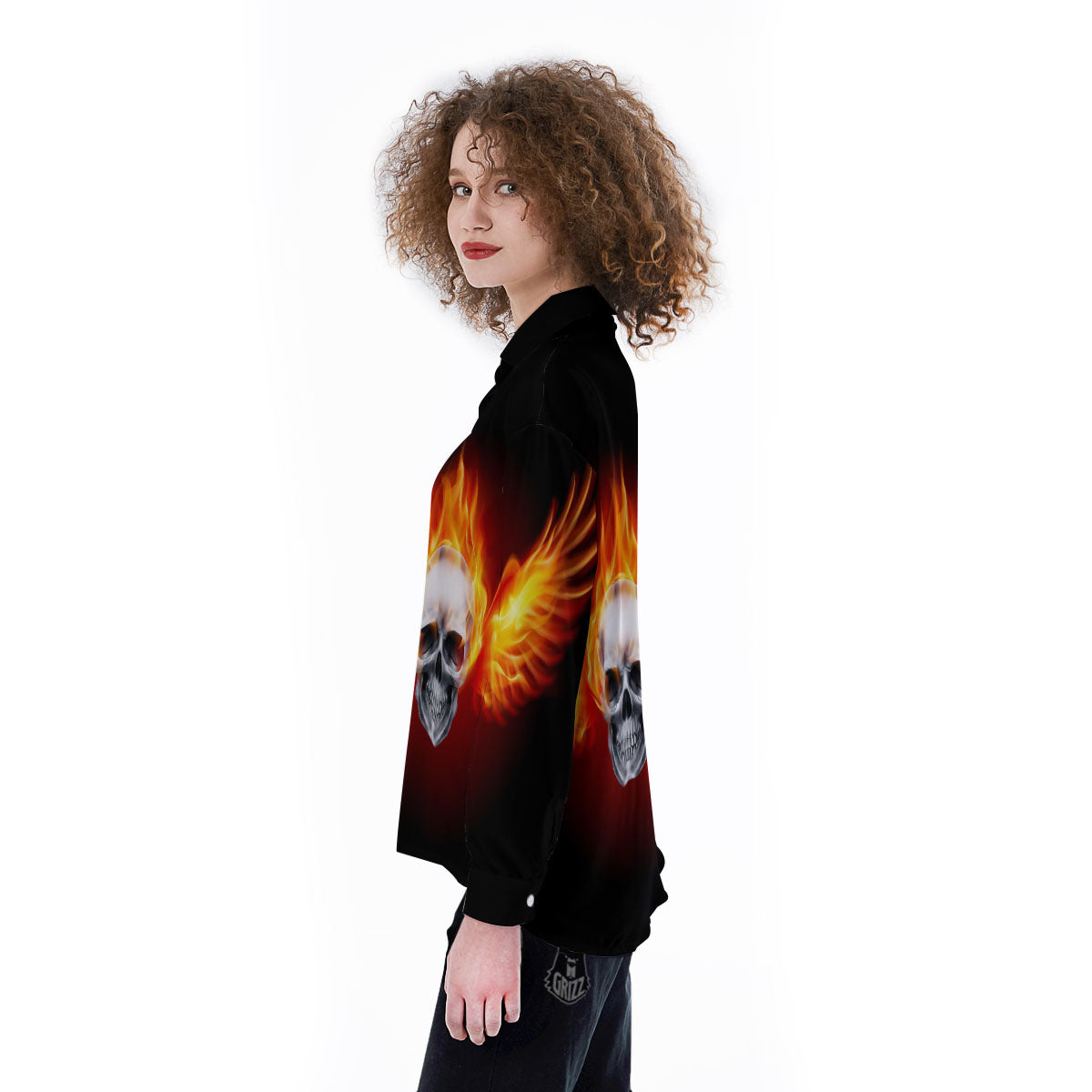 Fire Wings With Flaming Skull Print Women's Long Sleeve Shirts-grizzshop