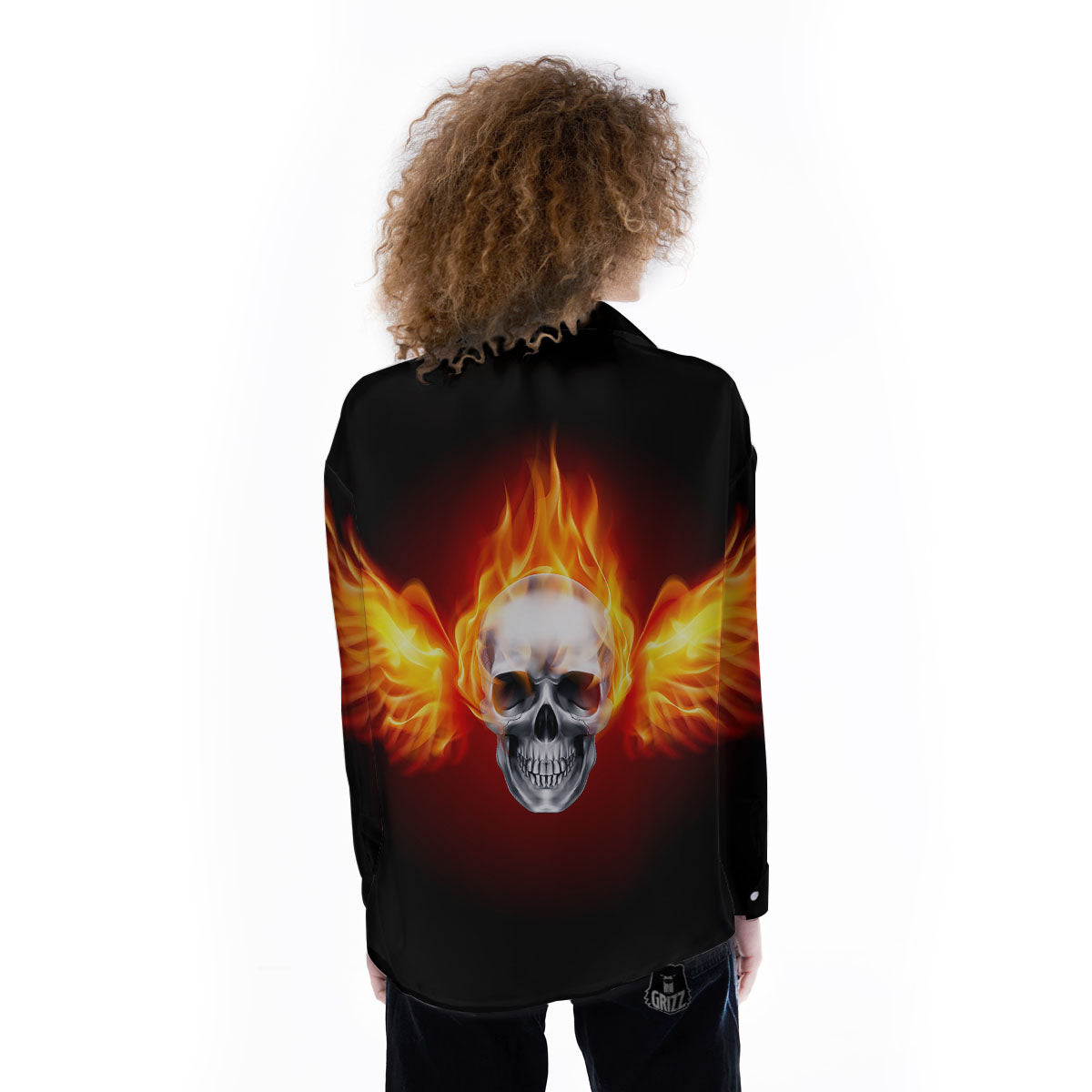 Fire Wings With Flaming Skull Print Women's Long Sleeve Shirts-grizzshop