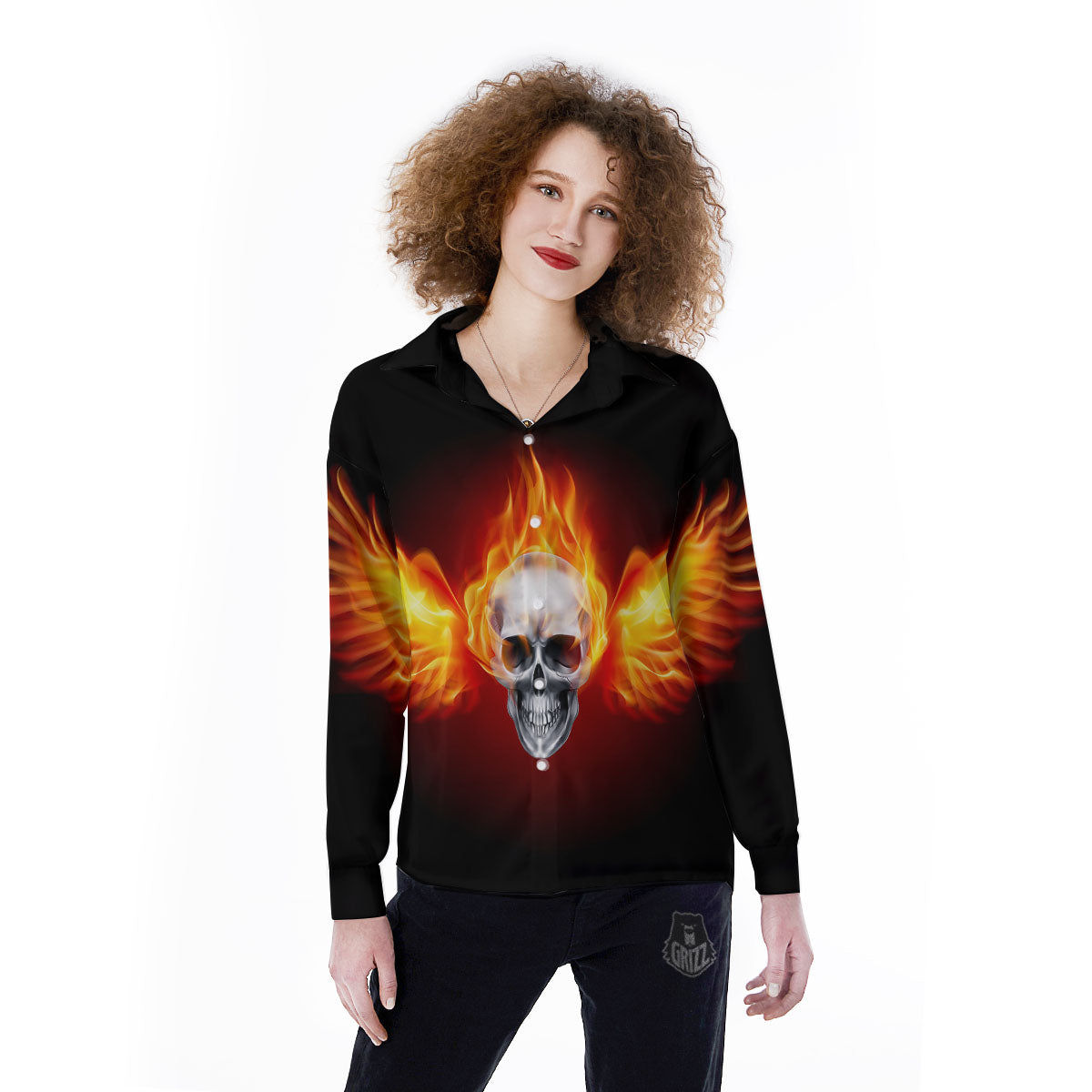 Fire Wings With Flaming Skull Print Women's Long Sleeve Shirts-grizzshop