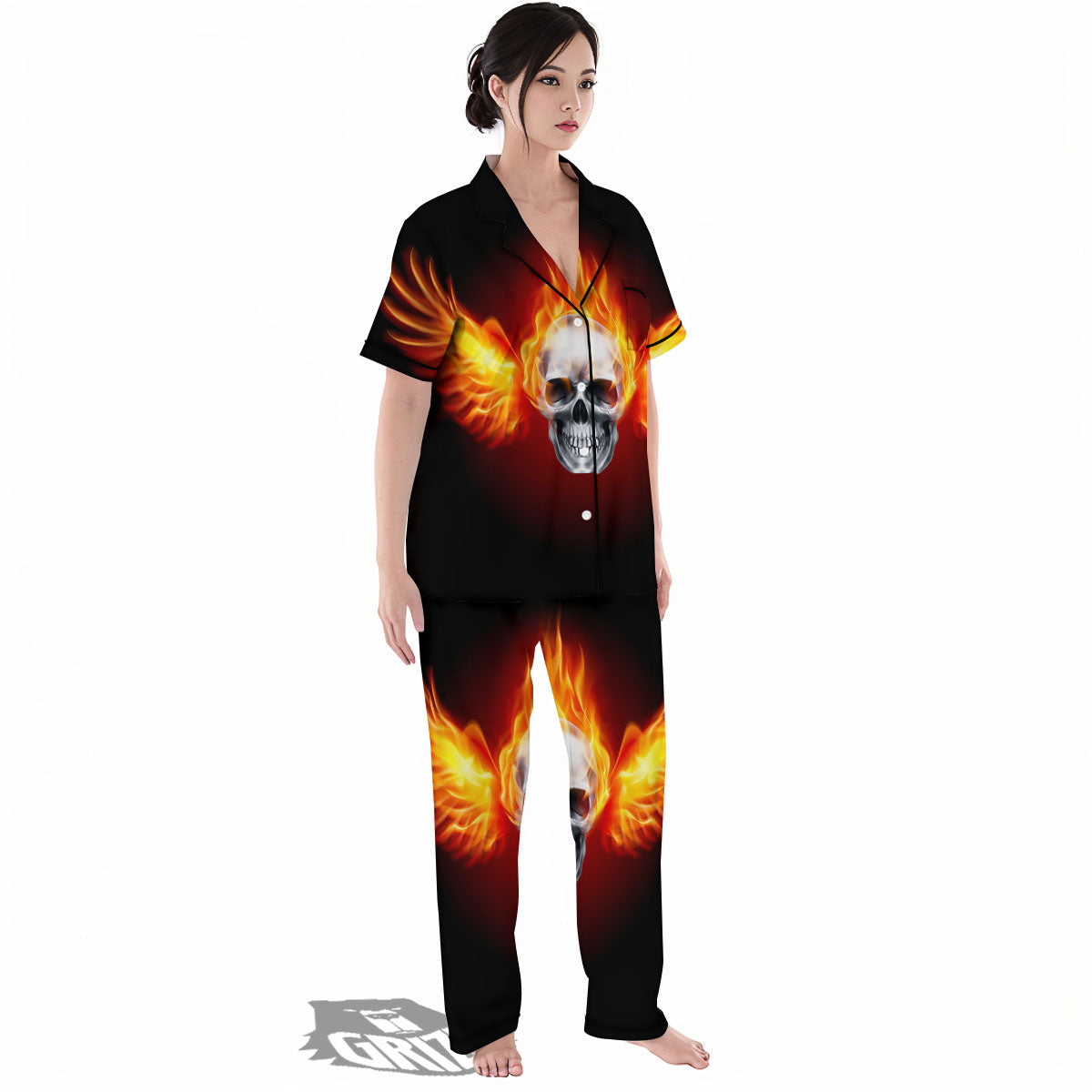 Fire Wings With Flaming Skull Print Women's Pajamas Set-grizzshop