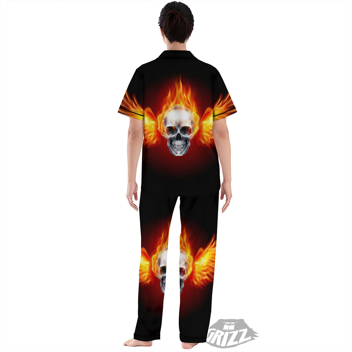 Fire Wings With Flaming Skull Print Women's Pajamas Set-grizzshop