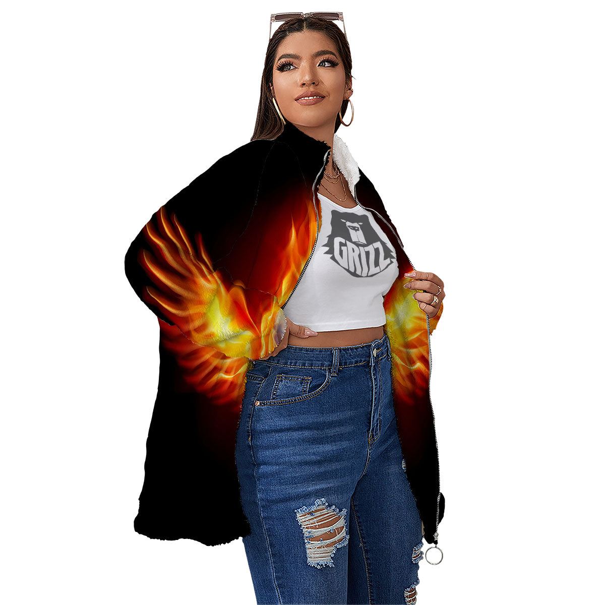 Fire Wings With Flaming Skull Print Women's Sherpa Jacket-grizzshop