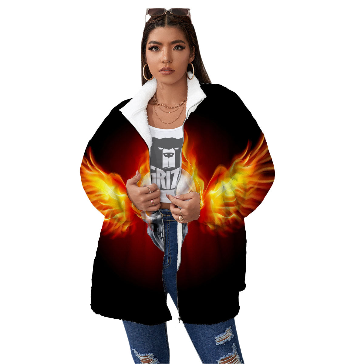 Fire Wings With Flaming Skull Print Women's Sherpa Jacket-grizzshop