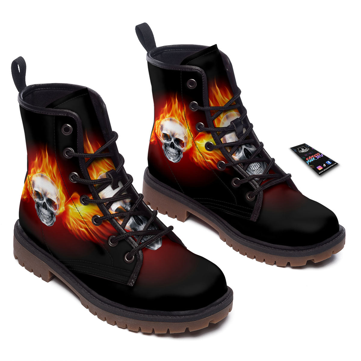 Fire Wings With Flaming Skull Print Work Boots-grizzshop