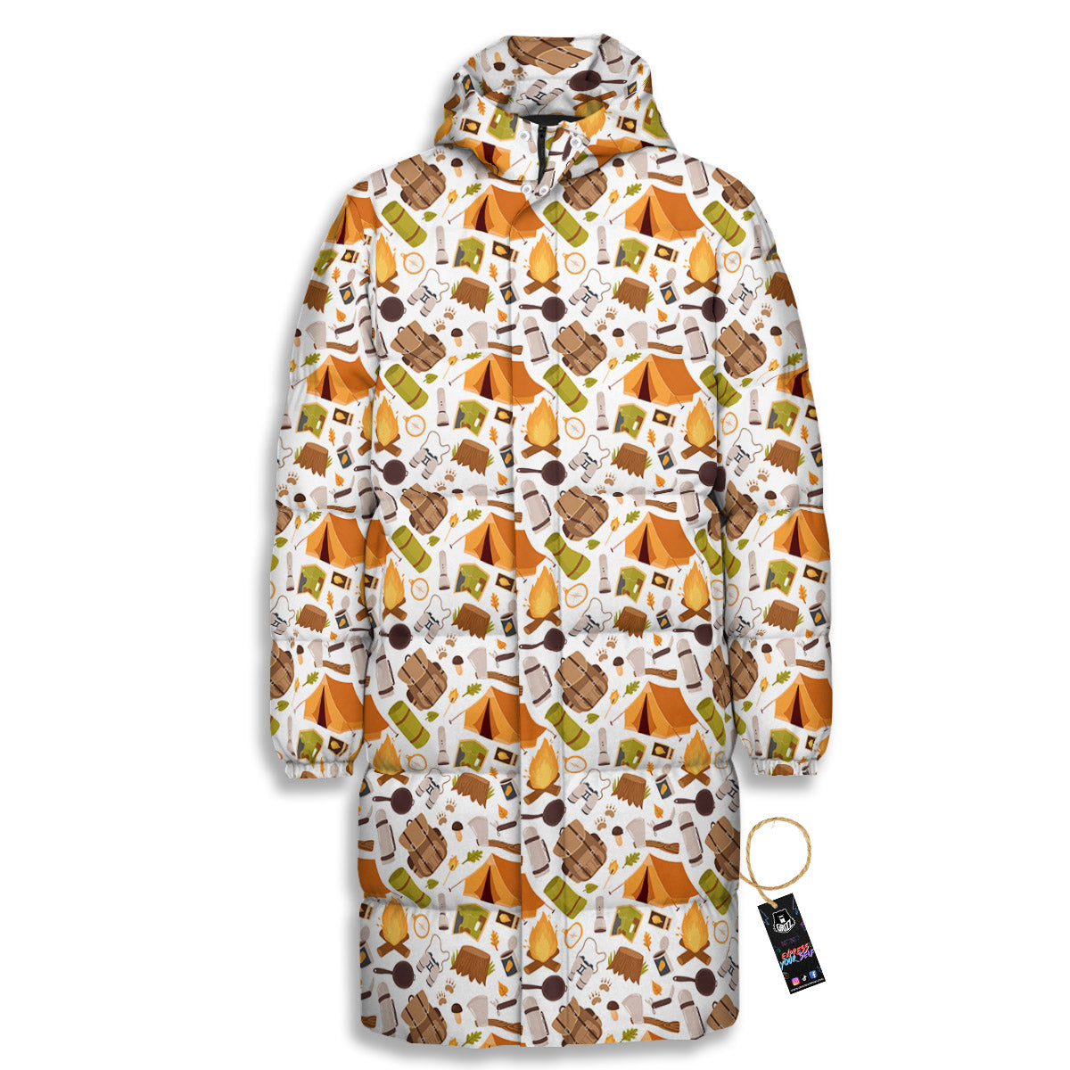 Fire Camping Print Pattern Long Down Jacket
