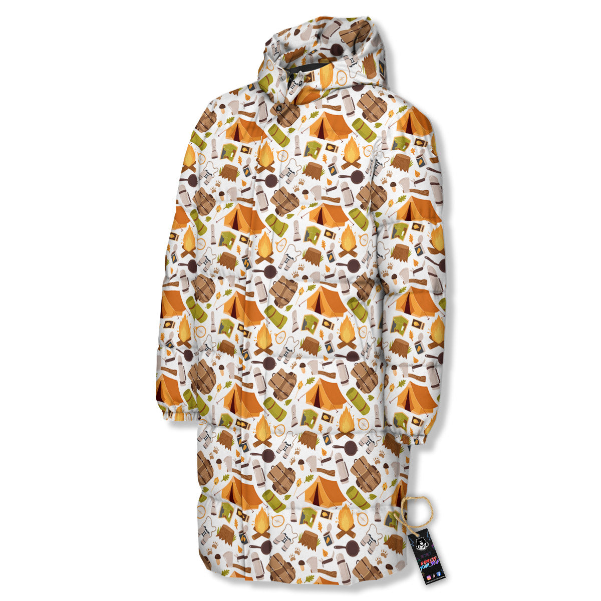 Fire Camping Print Pattern Long Down Jacket