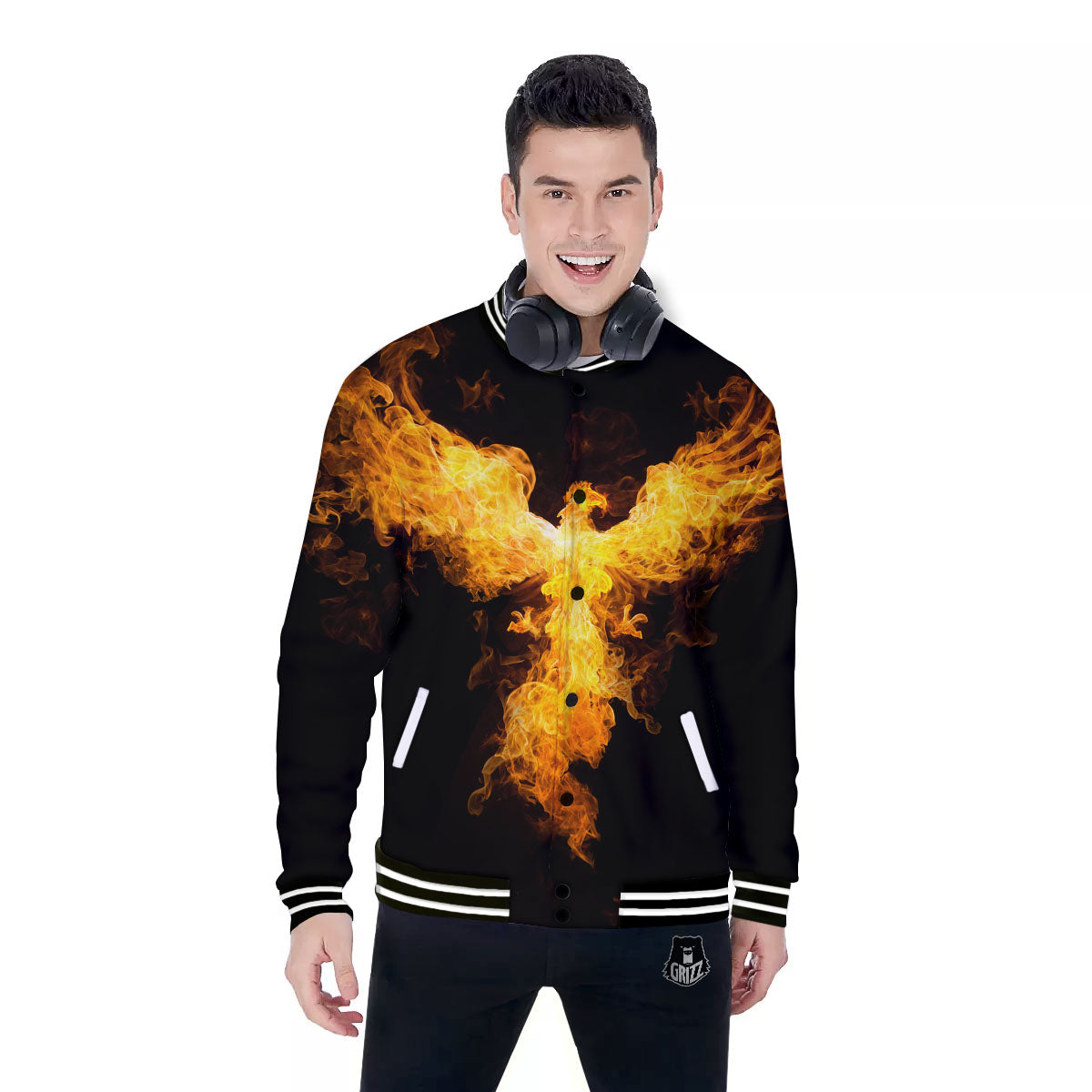 Firebird Phoenix Print Baseball Jacket-grizzshop