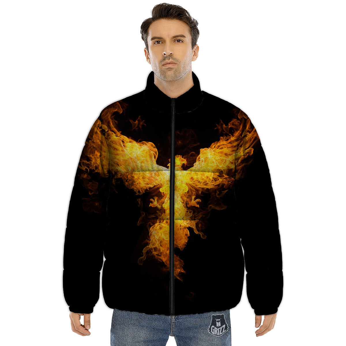 Firebird Phoenix Print Puffer Jacket-grizzshop