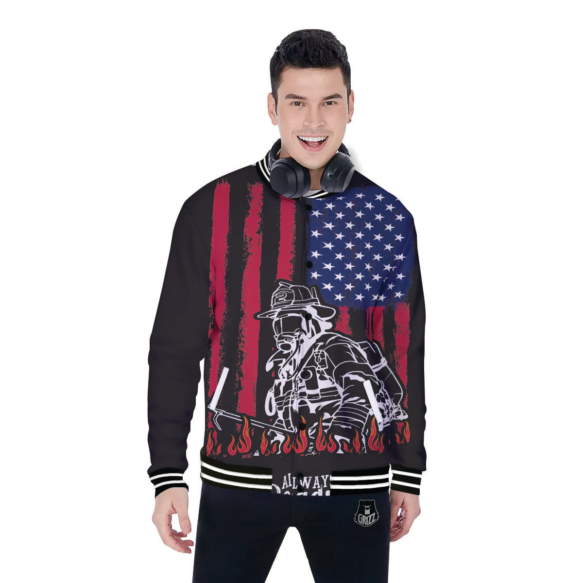 Firefighter Emblem American Print Baseball Jacket-grizzshop