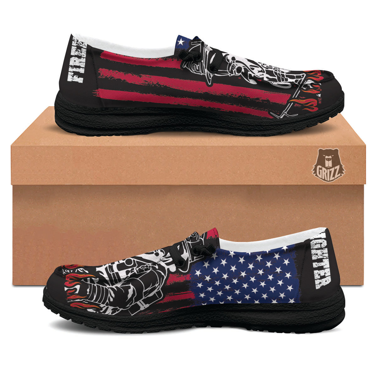 Firefighter Emblem American Print Black Loafers-grizzshop