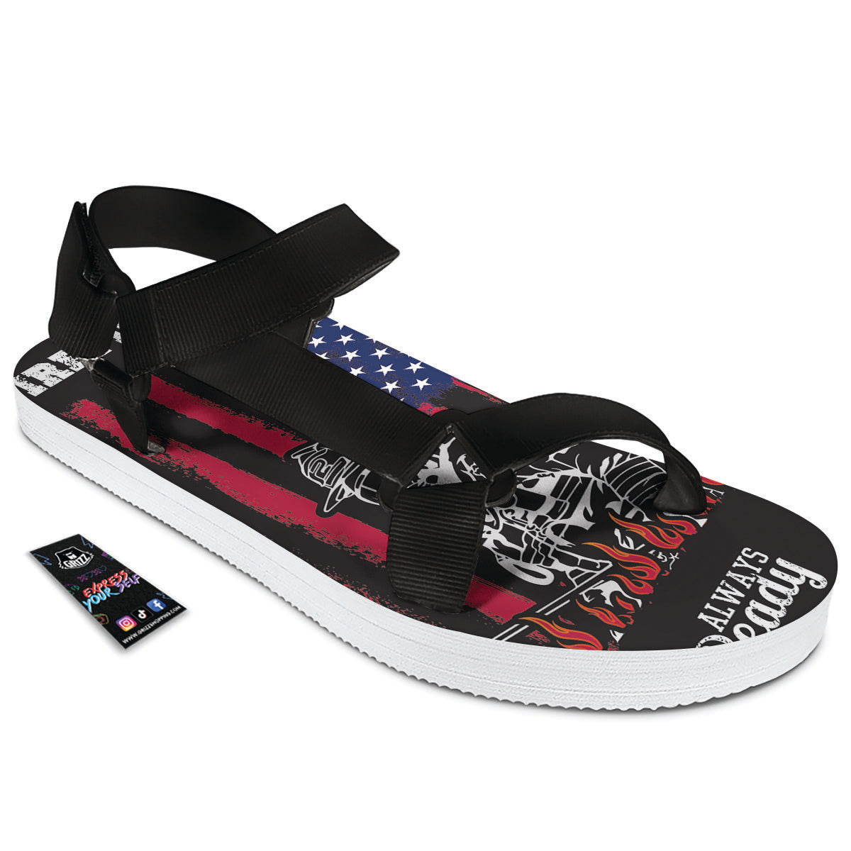 Firefighter Emblem American Print Black Open Toe Sandals-grizzshop
