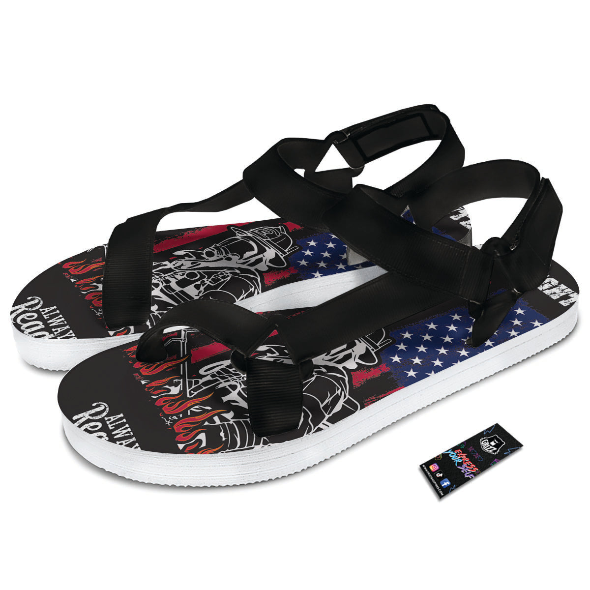 Firefighter Emblem American Print Black Open Toe Sandals-grizzshop