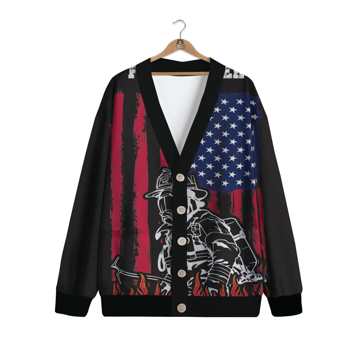 Firefighter Emblem American Print Cardigan-grizzshop