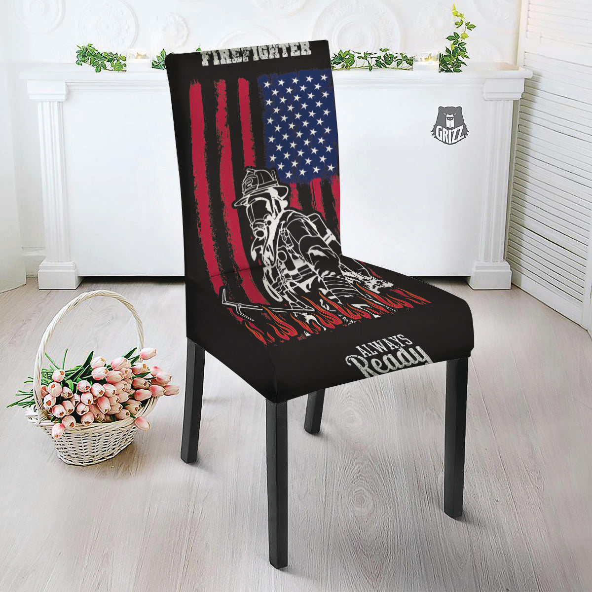 Firefighter Emblem American Print Dining Chair Slipcover-grizzshop