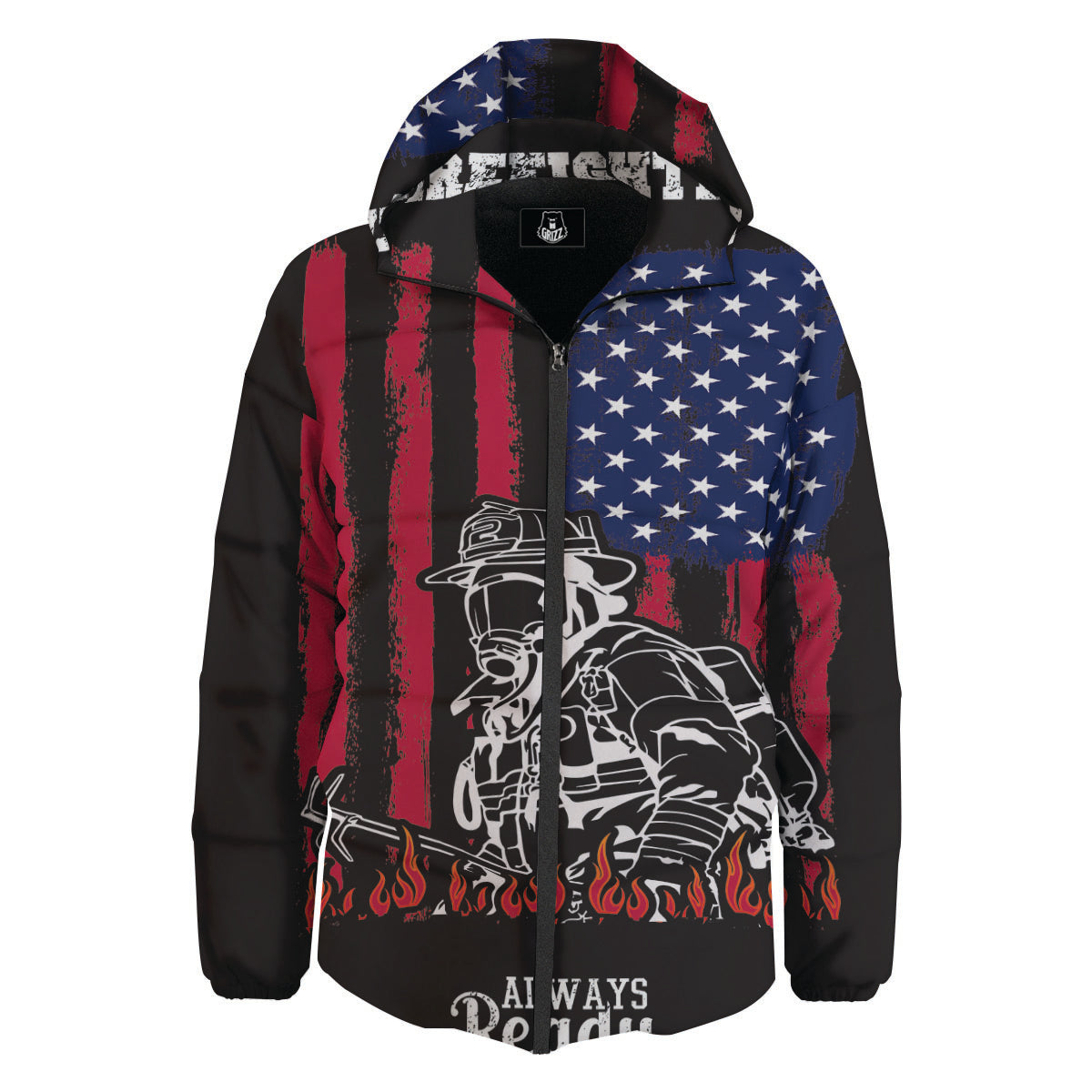 Firefighter Emblem American Print Down Jacket-grizzshop