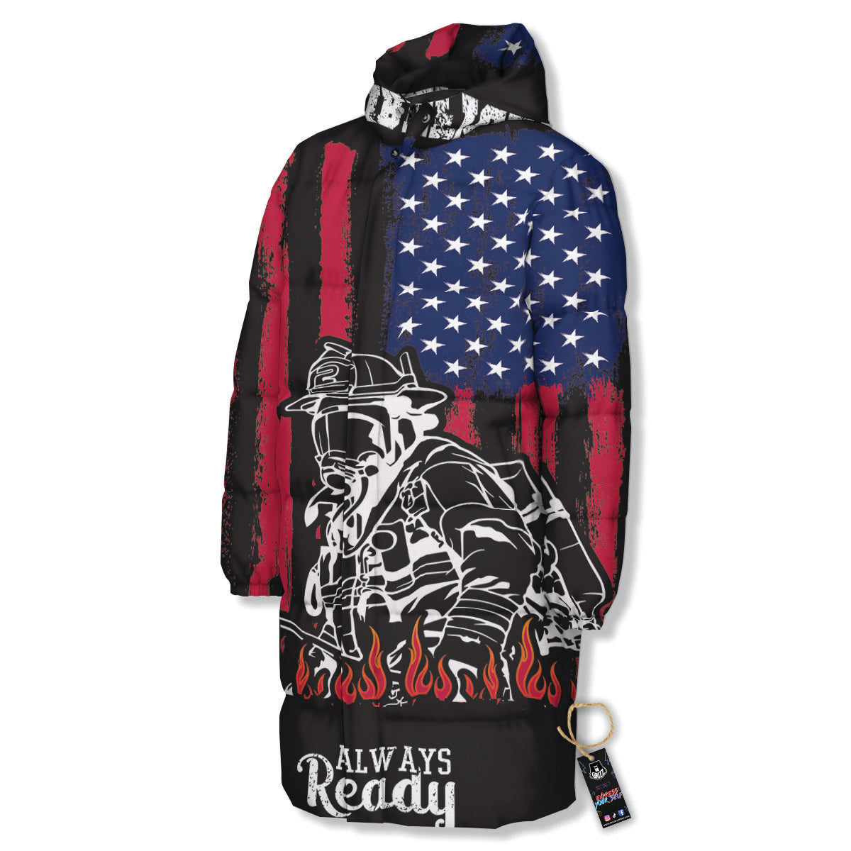 Firefighter Emblem American Print Long Down Jacket-grizzshop