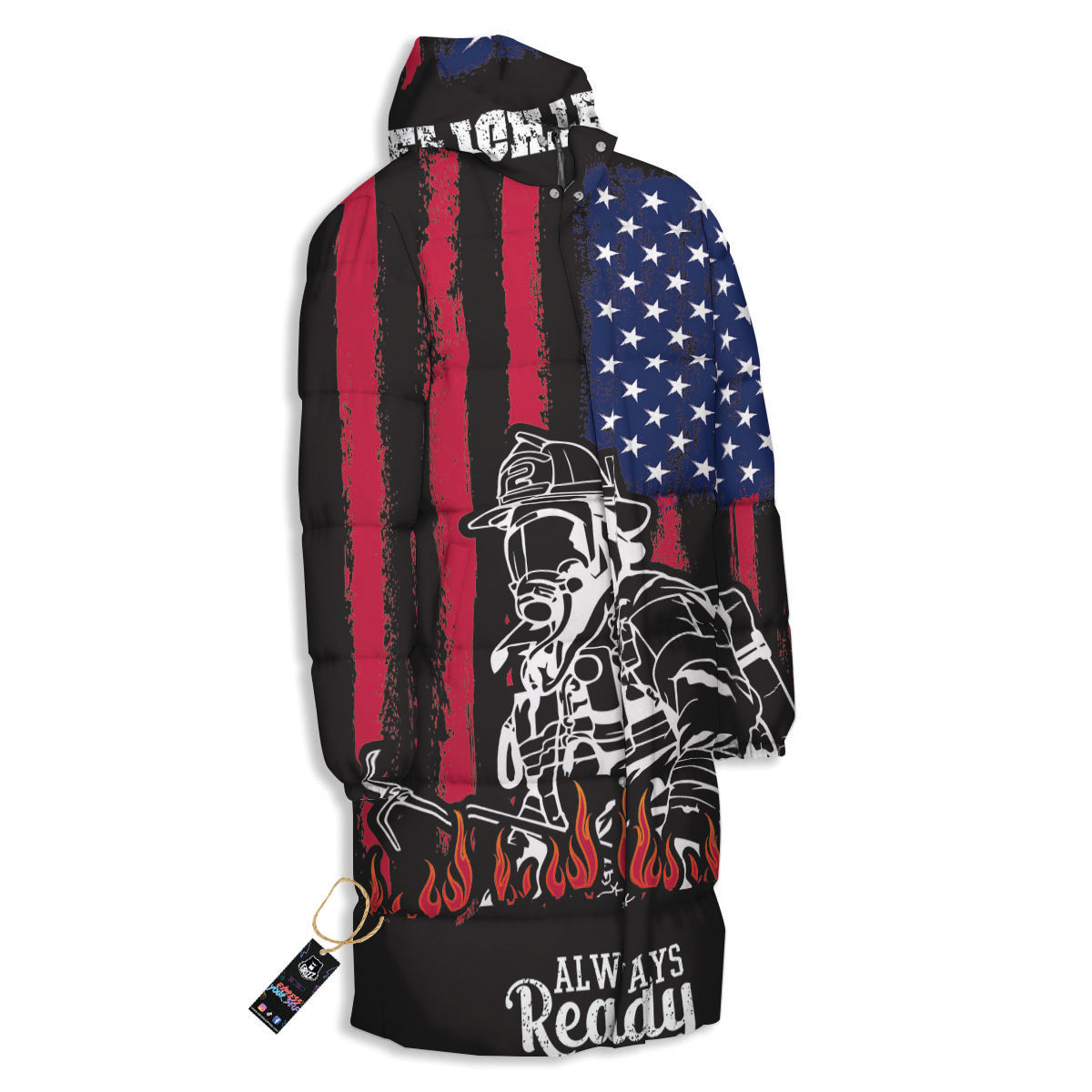 Firefighter Emblem American Print Long Down Jacket-grizzshop