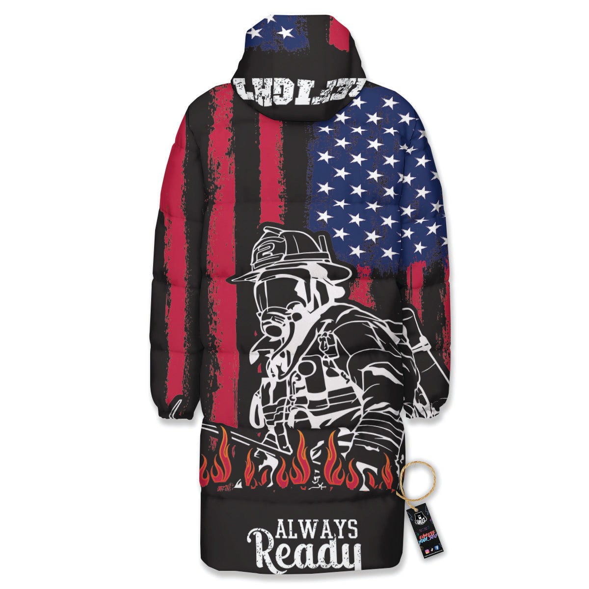 Firefighter Emblem American Print Long Down Jacket-grizzshop