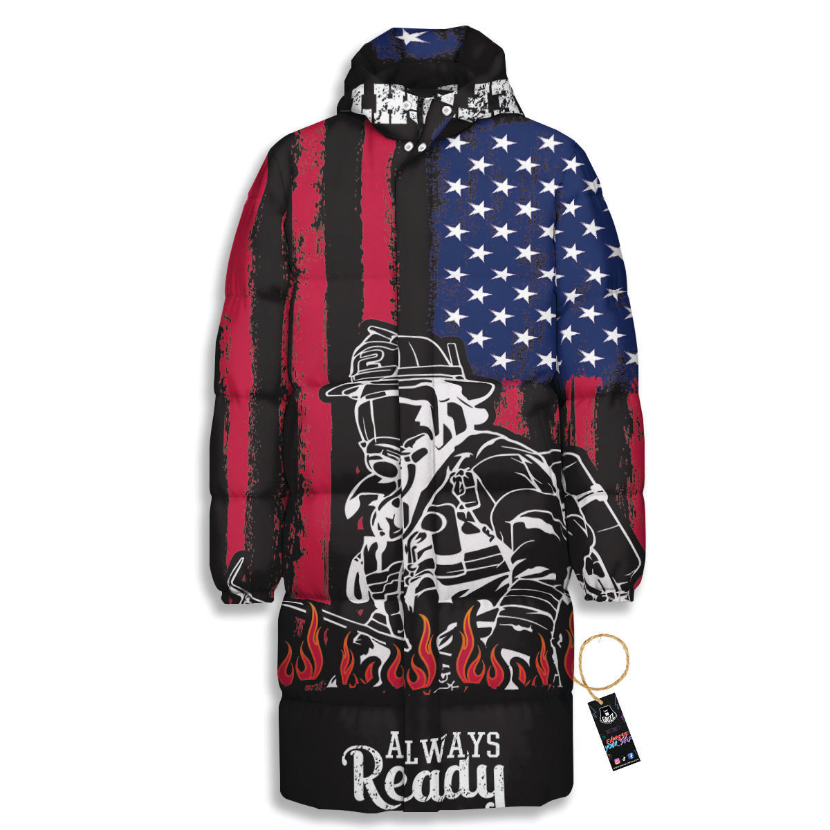 Firefighter Emblem American Print Long Down Jacket-grizzshop