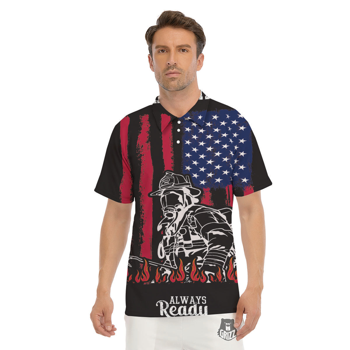 Firefighter Emblem American Print Men's Golf Shirts-grizzshop