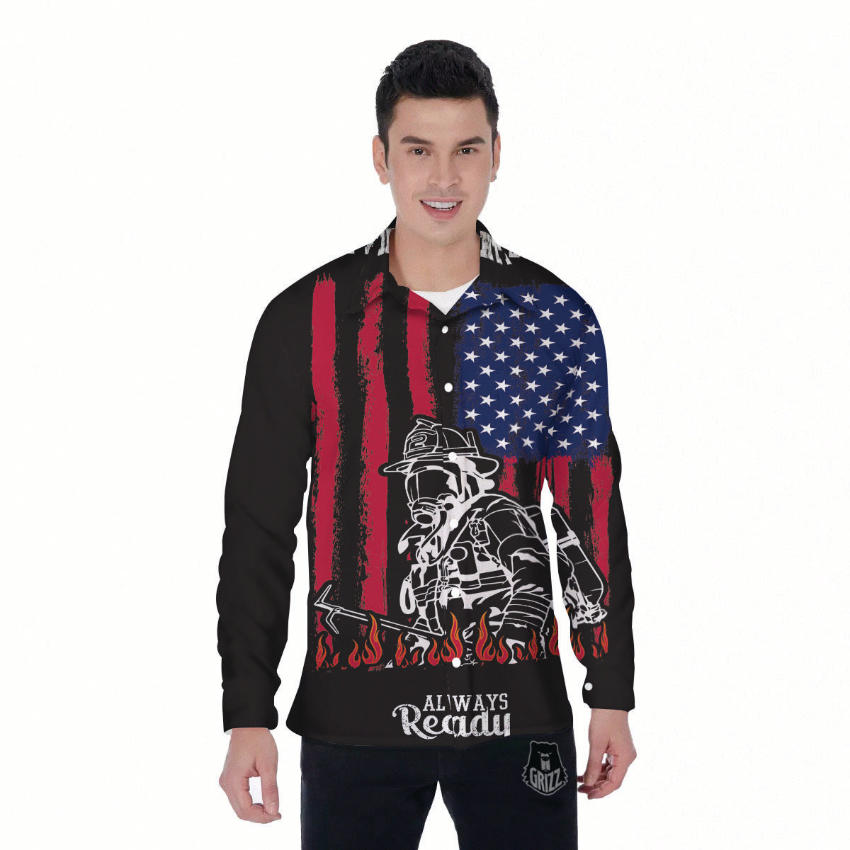 Firefighter Emblem American Print Men's Long Sleeve Shirts-grizzshop