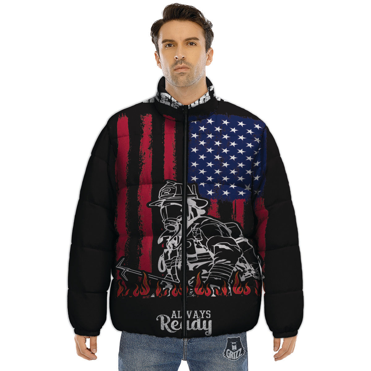 Firefighter Emblem American Print Puffer Jacket-grizzshop